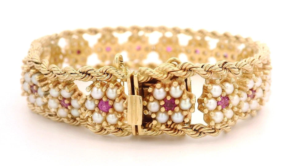 Vintage Solid Yellow Gold Pearl Ruby Cluster Floral Braided Rope Chain Bracelet - Image 4 of 4