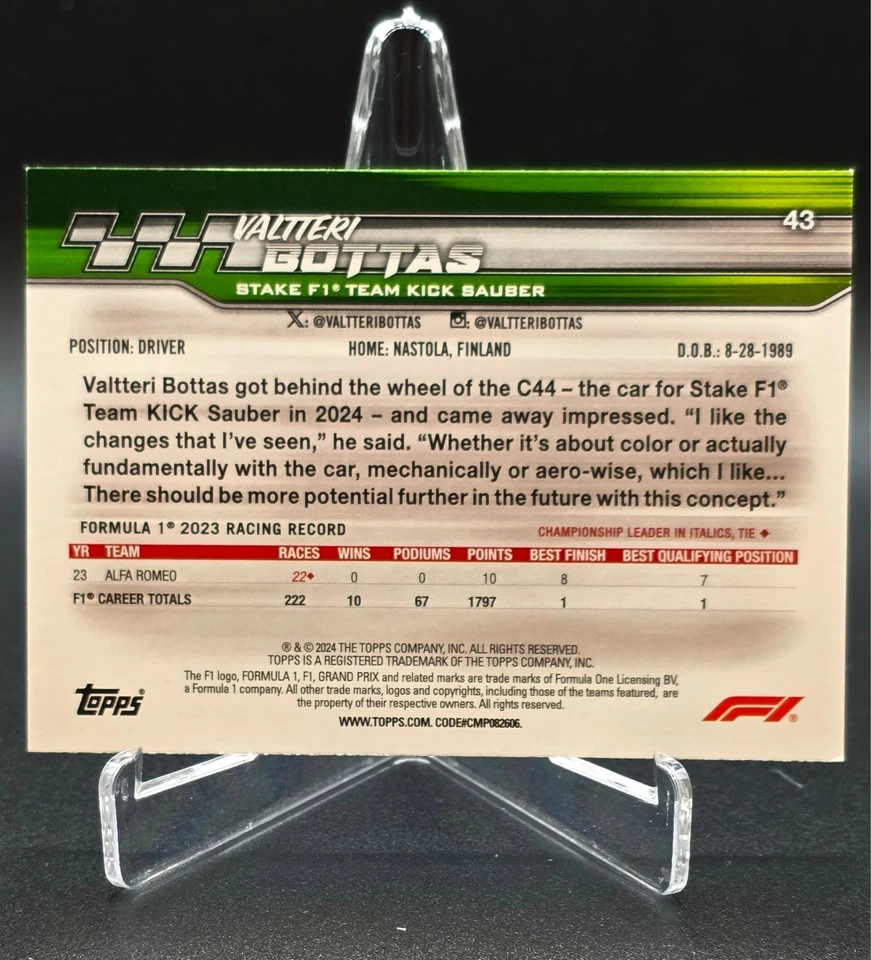 2024 Topps Paddock Pass Formula 1 Car Sepia Valtteri Bottas #43 - Image 2 of 3