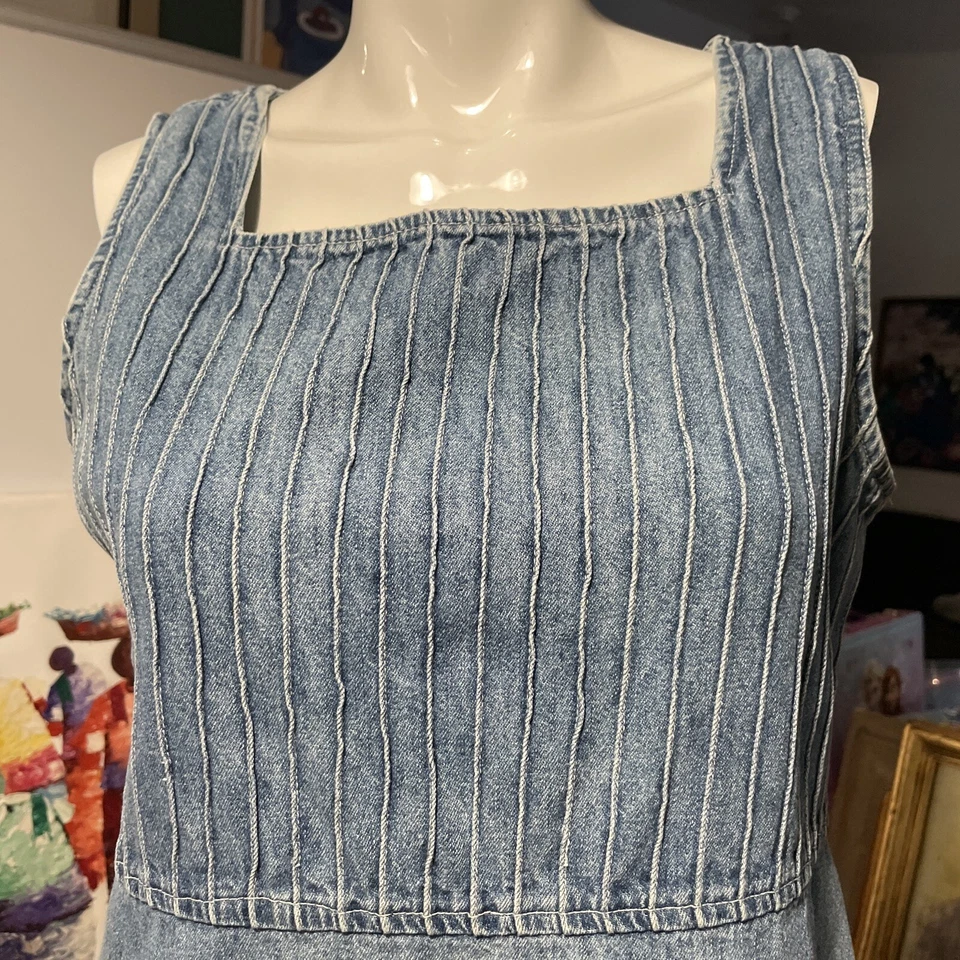 Vtg Studio Ease Denim Maxi Dress Sleeveless Side Slits Modest 100% Cotton Sz M - Image 2 of 4