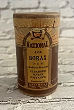 Vintage National Package Drugs BORAX 4 oz Cardboard Cylinder Box w/ Paper Label