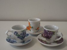 1.25" "Wee Tea For Three" Dollhouse Miniature Floral Porcelain Cups  Saucers
