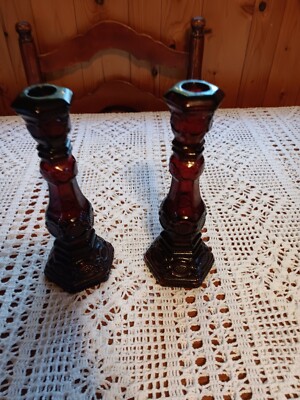 AVON 1876 Cape Cod Ruby Red 8 3/4  Tall Set Of 2 Candle Sticks Full Patchwork &.