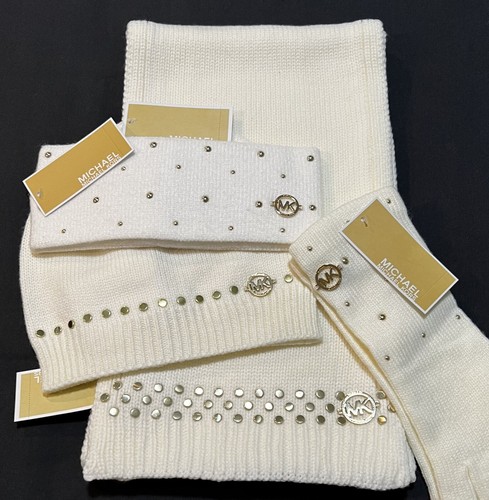 $262 Michael Kors Studded White 4-Pc SCARF, HEADBAND, GLOVES (3-Pc SET) + HAT - Picture 5 of 8