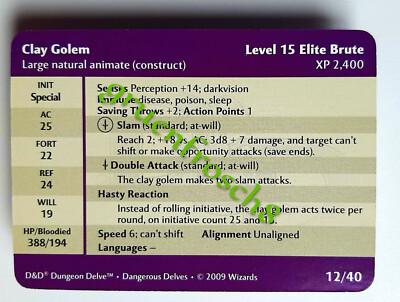  CLAY GOLEM  12 RARE  DDM MONSTER MANUAL: DANGEROUS DELVES 2009  D&D STATS CARD