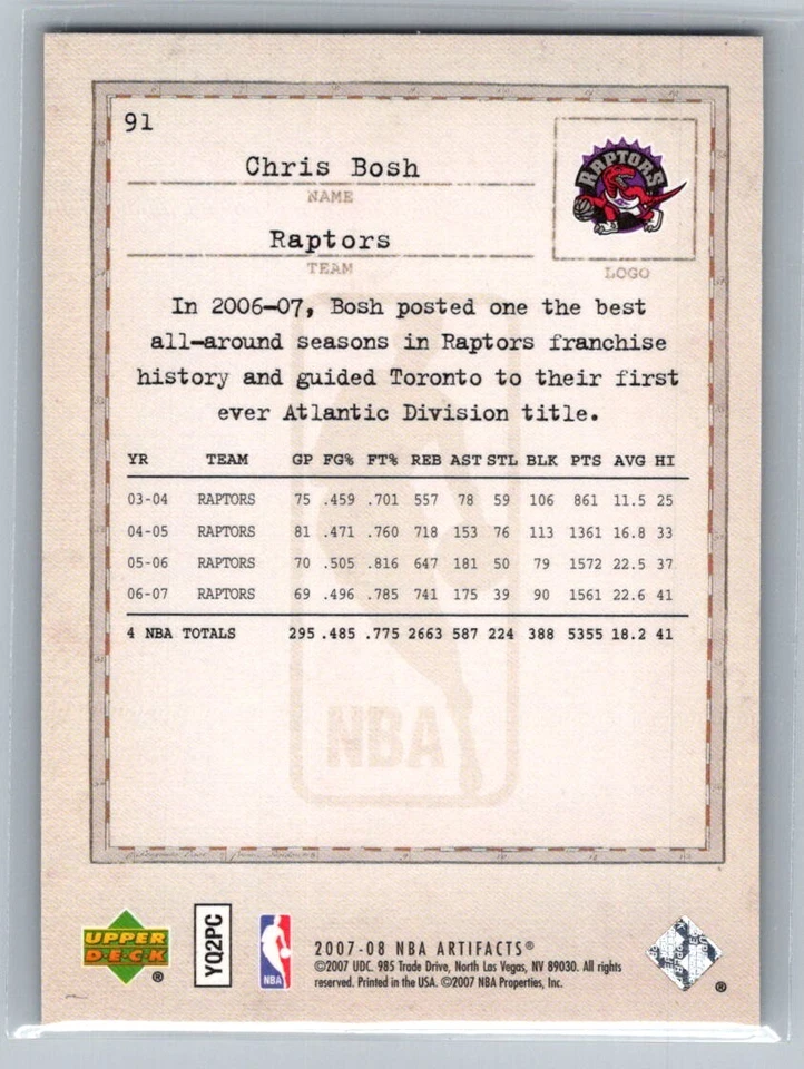 2007-08 Upper Deck Artifacts Chris Bosh Toronto Raptors #91 - Image 2 of 2