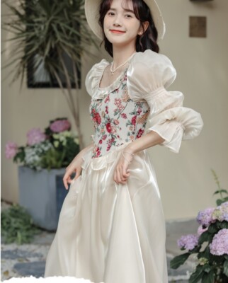 Korean Women Sweet Retro Princess Long Sleeve High Waist Dress Lolita Dress  | eBay