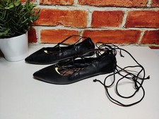 WOMENS ZARA UK 3 EU 36 BLACK FAUX LEATHER ANKLE TIE UP FLAT BALLET PUMPS SHOES