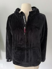 Juicy Couture Sport M Black Plush Fleece Hooded Quarter Zip Pullover Sweatshirt
