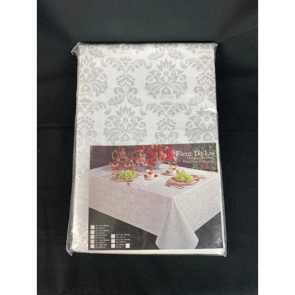 Fleur De Lis Easy Care White Tablecloth 60” x 102” Oblong NEW - Image 3 of 4