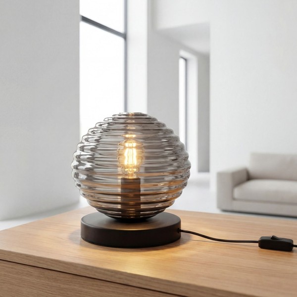Tischleuchte Glas Rauchgrau Schwarz E27 16,5 Cm Schlafzimmer Nachttisch Lampe-image
