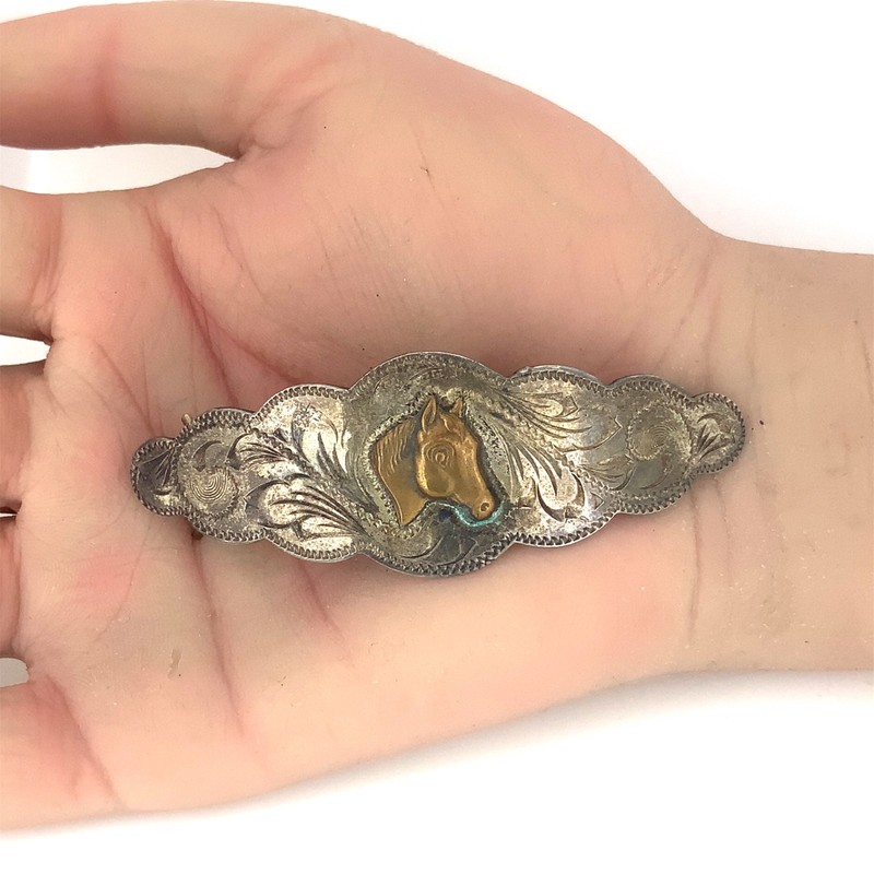 214 Fleming Vintage Mexican Brass, Sterling Silver Horse Barrette Hair Clip
