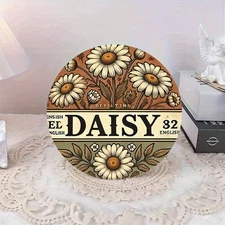 Vintage Daisy Floral Beige Brown Design Round Metal Wall Art