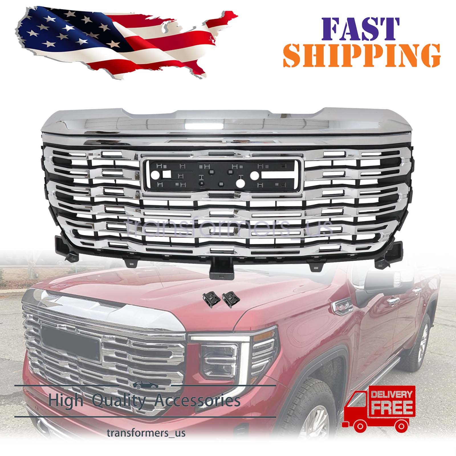 For 2022 2023 2024 GMC Sierra 1500 Denali Front Bumper Grille Upper Grill Chrome
