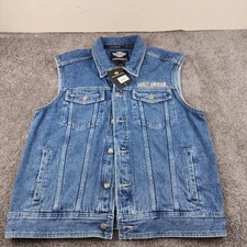 HARLEY DAVIDSON MOTORCLOTHES EMBROIDERED PATCH Denim Jean Jacket Vest Blue Large