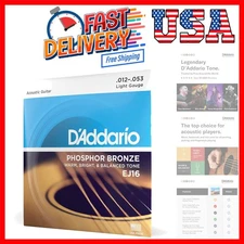 D'Addario EJ16 Phosphor Bronze Light Acoustic Guitar Strings 12-53, Pack of 1