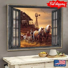 Vintage Window Frame With Farmers Plowing With Horses