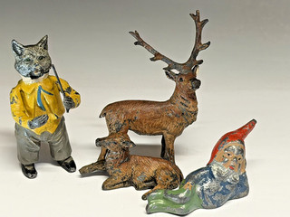 Collection of x3 Antique Cold Painted Lead Figures Cat Gnome Deer