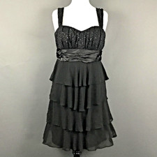 R&M Richards Dress Womens 12 Black Midi Tiered Chiffon Cocktail Sequin Lace