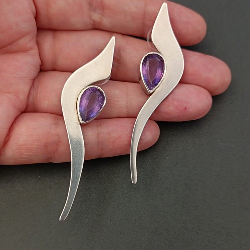 Vintage Sterling Silver Earrings Modernist Minimalist Artisan Amethyst Statement