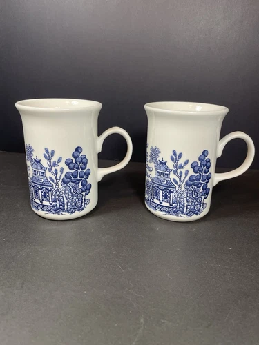 Vintage Churchill Blue Willow Tall Mugs Coffee Tea Cups Made in England Set Of 2