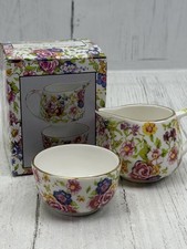Miniature Floral Porcelain Sugar Creamer Set Tea Time Style Dollhouse Decor