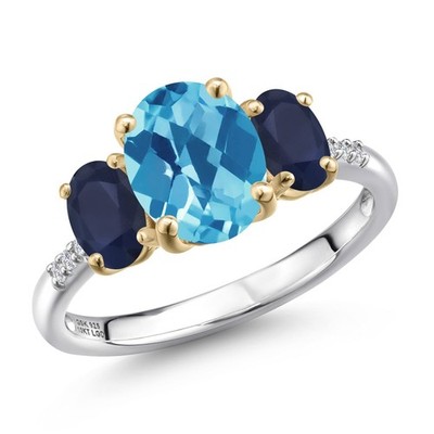 925 Silver and 10K Yellow Gold Swiss Blue Topa, Sapphire and Lab Grown Diamond