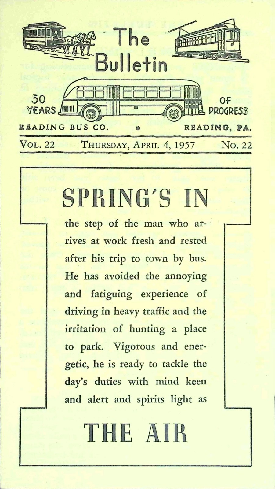 Vintage 1957 Reading Bus Company Bulletin Springs In Commute Advertising Flyer