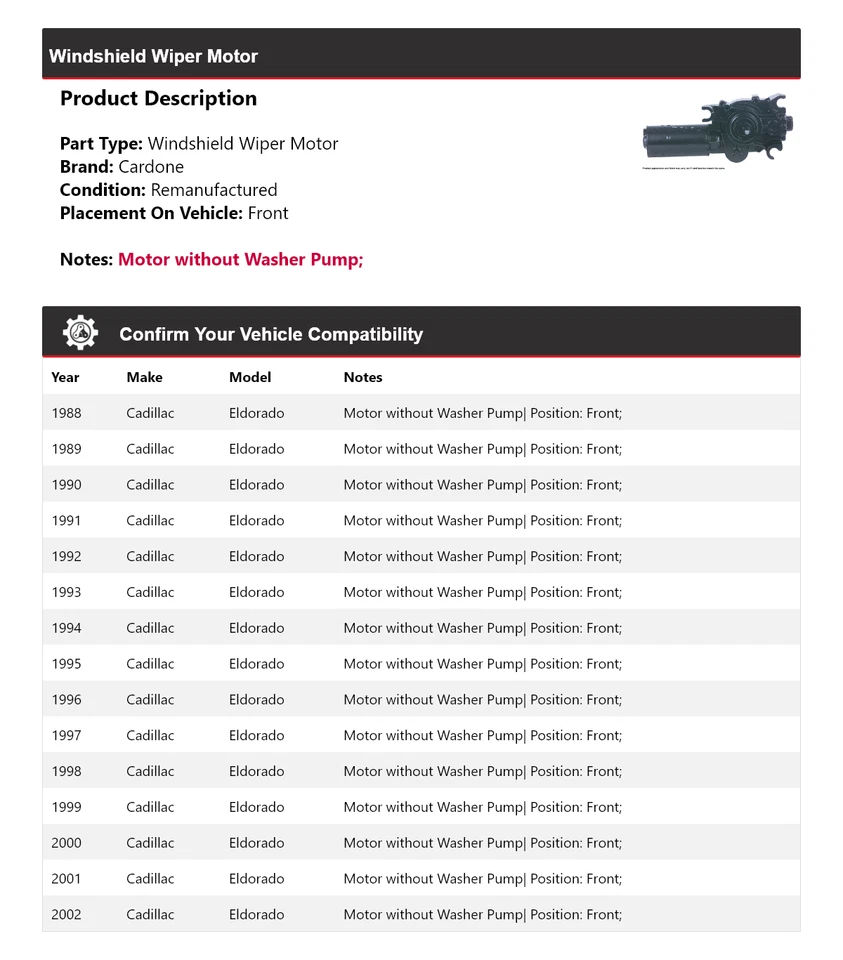 Мотор стеклоочистителя переднего стекла для Cadillac Eldorado 1988-2002 годов выпуска 1989 1990 - Изображение 2 из 4