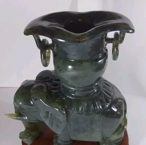 Vintage Spinach Jade Carved Elephant Censor Statue on Stand-6.5 X 6 X 3 - Picture 8 of 22