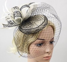 STUNNING BLACK  CREAM FASCINATOR WITH LACE, LOOPS, FEATHERS  VEILING, RACES
