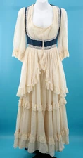 Vtg Womens 70s Cream & Denim Blue Ruffle Peasant Gunne Sax Maxi Dress XS/S 1970s