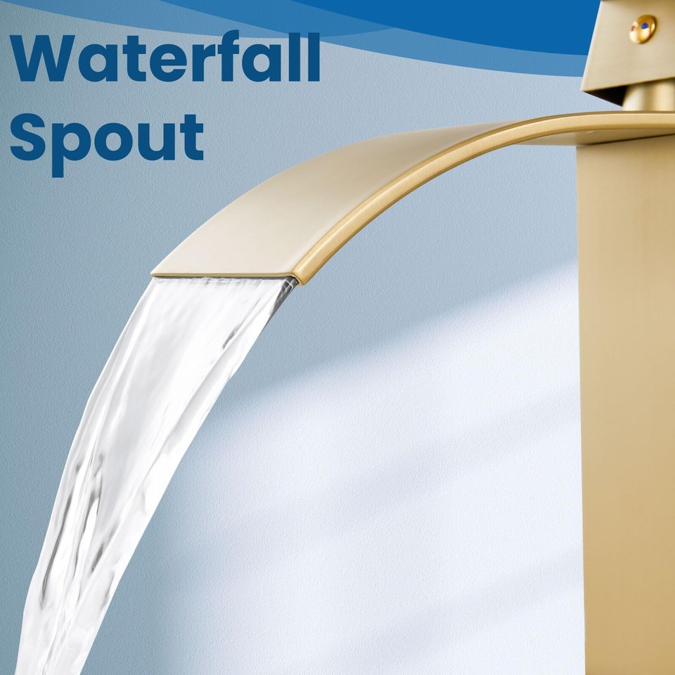 Brushed Gold Tall Waterfall Bathroom Vessel Sink Faucet Modern Bathroom