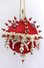 Mary Maxim Pushpin Christmas Ornament Red Satin Beaded Embellished Vtg FLAW
