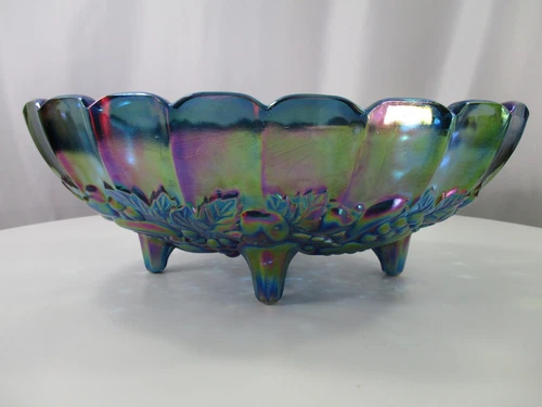 Vintage Indiana Iridescent Blue Carnival Glass Harvest Grape Oval Footed Bowl