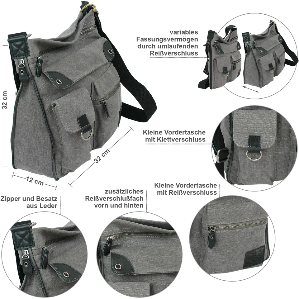 Damen Schultertasche aus Canvas - Leder Umhängetasche viele Fächer in 2 Farben - Bild 2 von 4