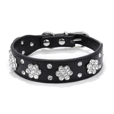 Dog Collar with Rhinestone Bling Flower, Adjustable  Black, XS S M L