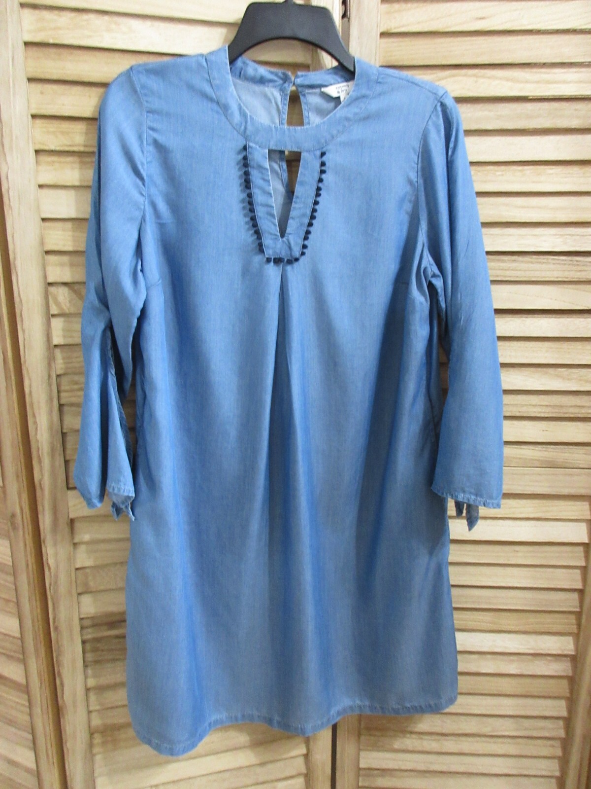 Crown & Ivy Blue Tencel 3/4 Sleeve Boho Look Dress Keyhole Neckline SZ SM