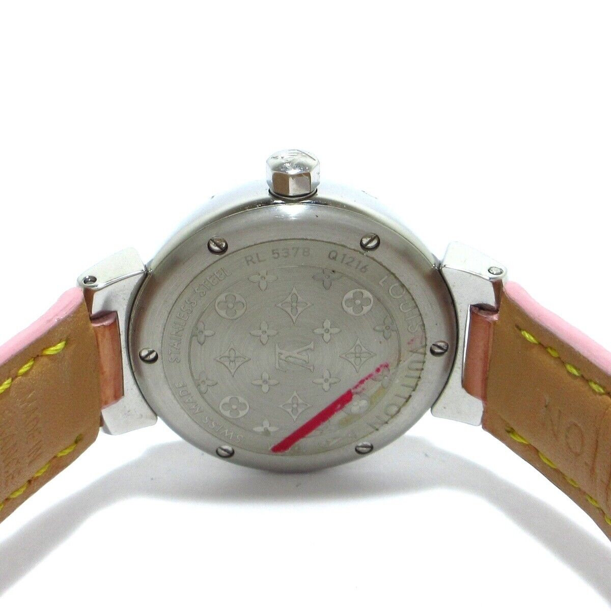 Louis Vuitton - Louis Vuitton Tambour Q1216 Beige Pink Leather Steel Womens  Wrist Watch