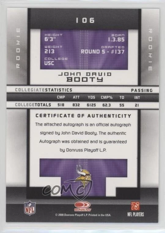 2008 Donruss Elite Turn of the Century /100 John David Booty #106 Rookie Auto RC - Image 2 of 2