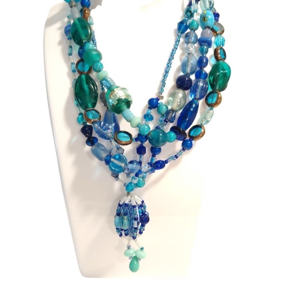 Blue Glass Multi-Strand Beaded Statement Necklace… - image 2
