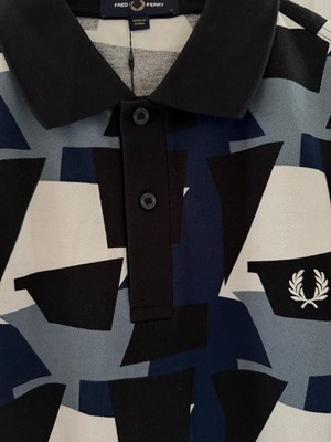 FRED PERRY EMBROIDERED MEN S FRAGMENT/GEOMETRIC PRINT L BLUE POLO SHIRT NEW/TAGS