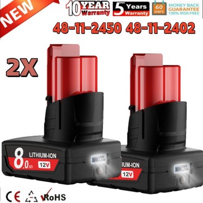 For Milwaukee for M12 8.0AH Battery LITHIUM Extended Capacity 48-11-2460 2PC