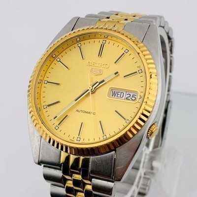 Seiko 5 Model President / Nice Fluted Bezel, Automatic 7S26-0500 gold tone Dial
