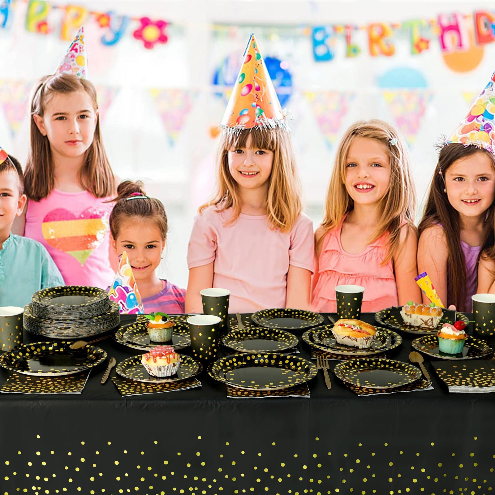 176 PCS Black Gold Party Dinnerware Set Black Golden Dot Disposable Dinnerwar...