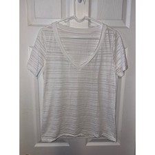 Calvin Klein Women's White Sheer Stripe V Neck Short Sleeve T Shirt Top 1250