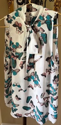 HALOGEN New! Sleeveless Butterfly Print Pussy Bow Blouse NWOT Sz M