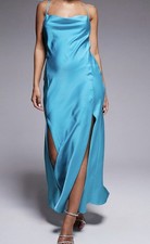 ASOS Size 8 Blue Satin Slip Maxi Dress Cowl Neck Backless Strappy Adjustable