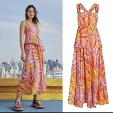Farm Rio tropical abstract maxi dress S multicolor bow ruffle sleeveless woven