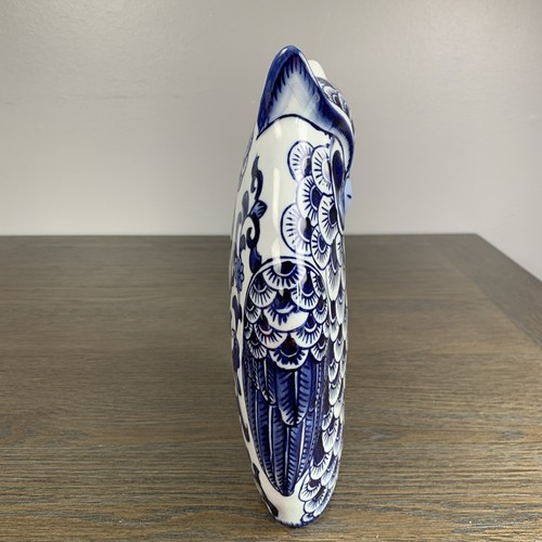 Splendida statuina gufo smaltata Pier 1 ceramica 10,5” blu e bianca - Foto 5 di 10