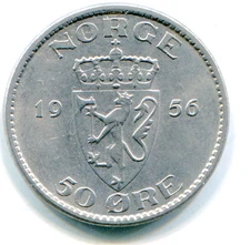 Norway  50 Ore 1956  KM-402  super HG coin rare so nice  lotdec2501